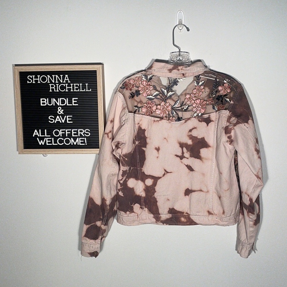 Custom Bleached & Distressed Denim/Jean Jacket with Embellished Tulle Inserts